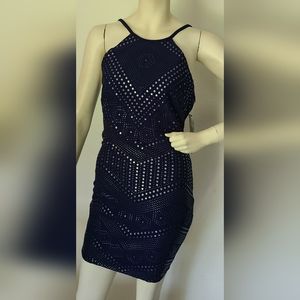 JUMP APPAREL Womens Navy StuddedSleeveless Halter Short Cocktail Sheath